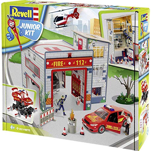 Revell Junior Kit 00850 Spielset Feuerwache, mit bespielbarer Feuerwehrstation, Auto, Figuren und Zubehör, Bauen - Schrauben - Spielen für Kinder ab 4, Mehrfarbig, 47x35x36,5 cm
