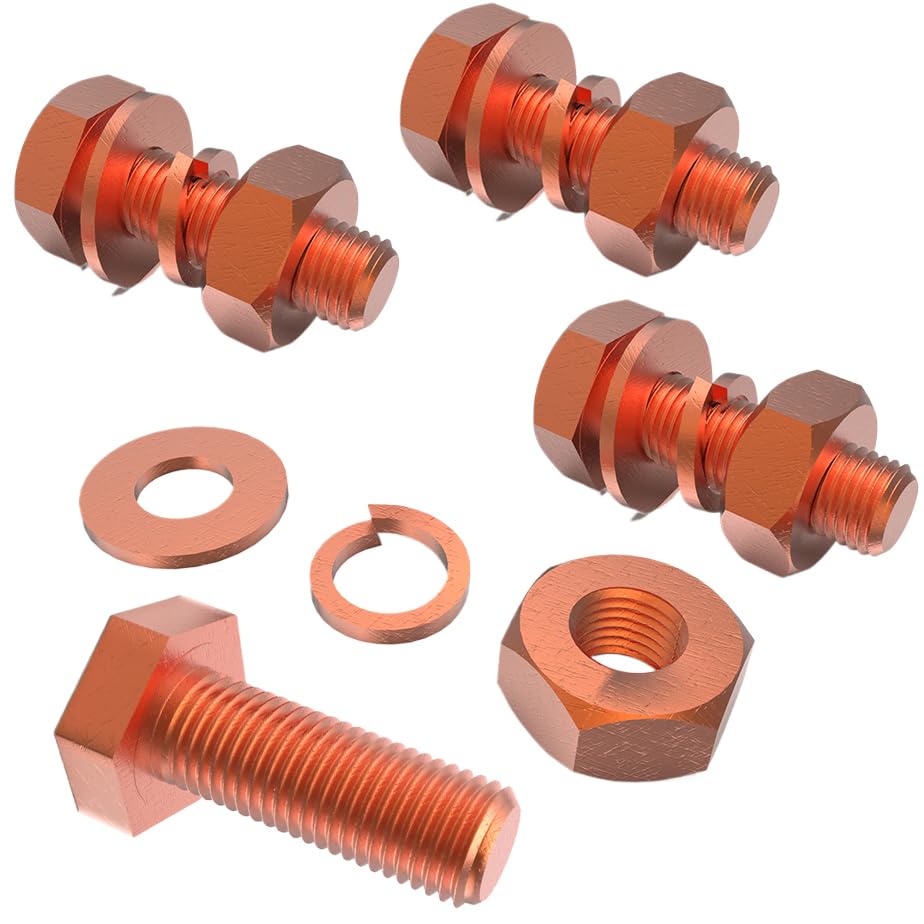 4pcs M8 X 60mm Hexagon Bolts + M8 Hex Nuts + Flat Washers + Spring Lock Washers Kit, T2 Conductive Pure Copper Hex Head Screw Bolt