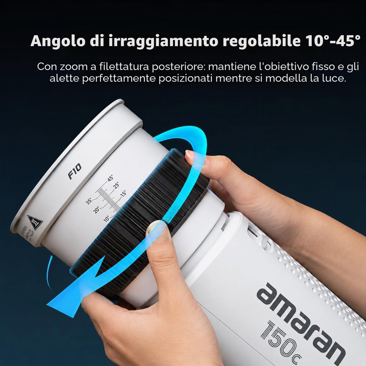 10X Lente Fresnel con Attacco Bowens e Alette a 4 Foglie, Fascio Regolabile 10°–45°, Zoom a Fuoco Posteriore per Luci COB ≤200W, Modellazione della Luce per Riprese Cinematografiche
