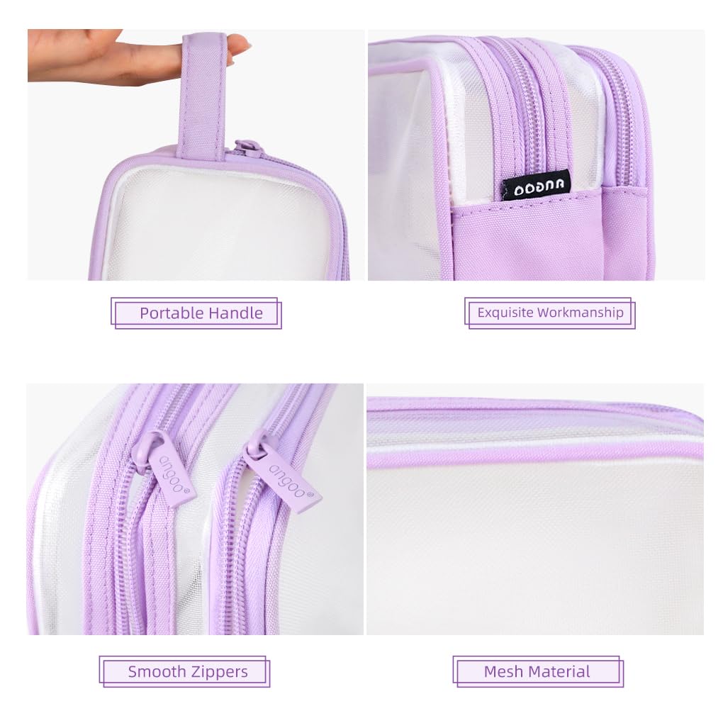 Oyachic 2 Compartment Pencil Case Clear Mesh Pen Pouch Grid Makeup Cosmetics Bag Transparent Marker Organizer Office Business Travel Adults (Purple) - Image 3