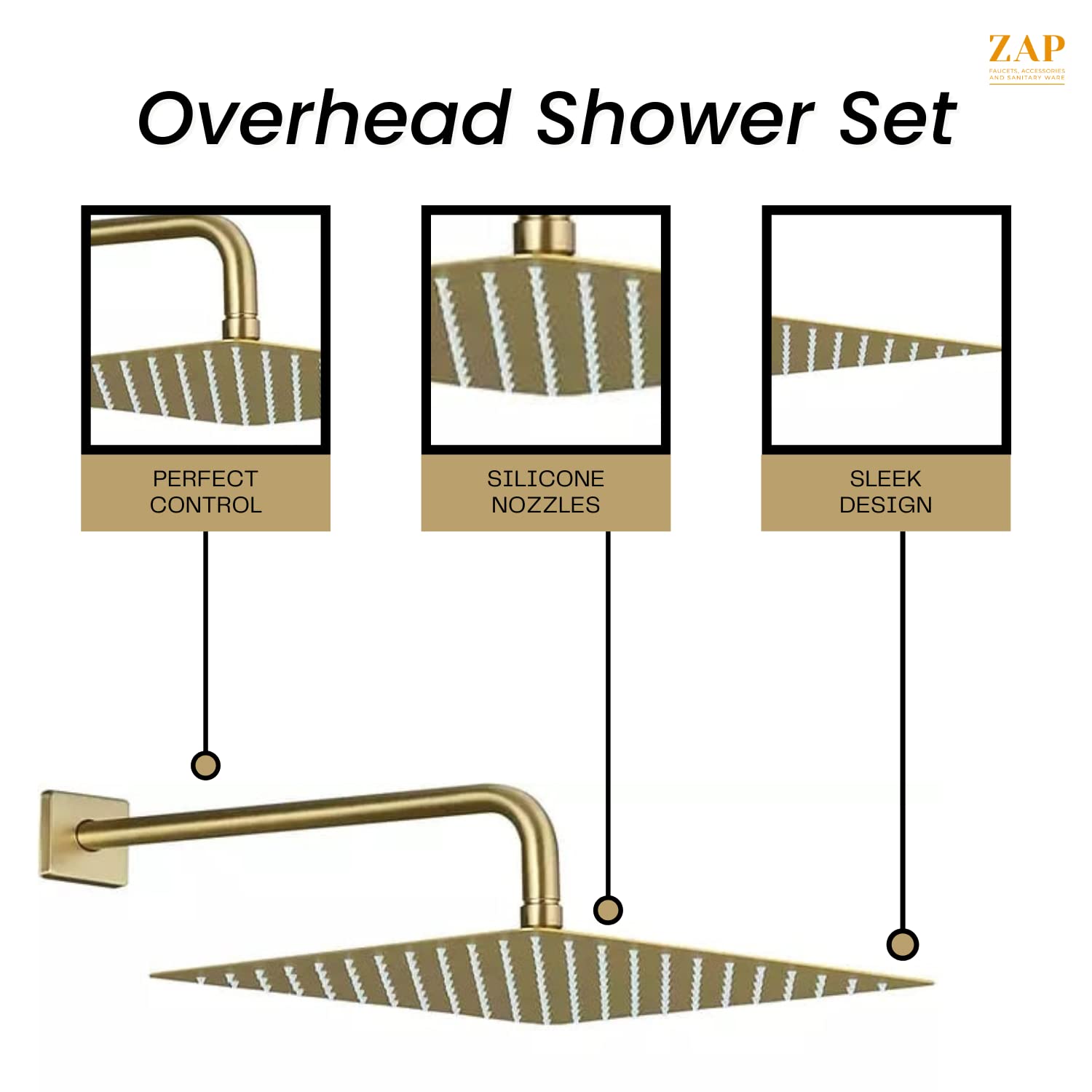 ZAP ZX-3446 Gold 12 inch Overhead Shower With 15 inch Shower Arm