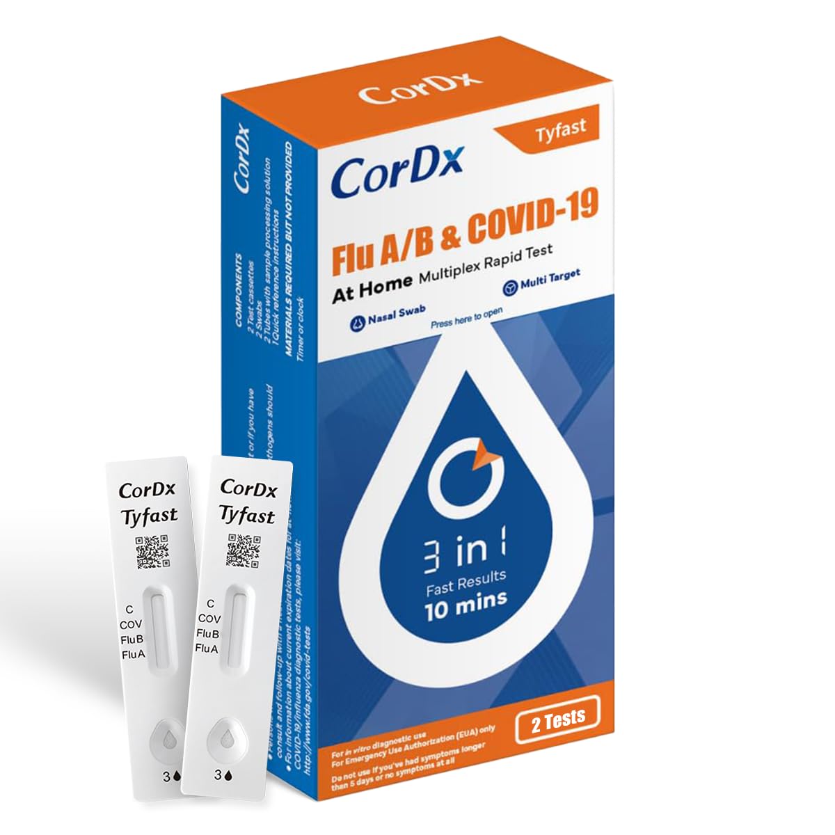 CorDx TyFast Flu A/B & Covid 19 Multiplex Rapid Test, 10 Mins at Home, EUA Authorized, 3 in 1 Combo Kit, 2 Tests