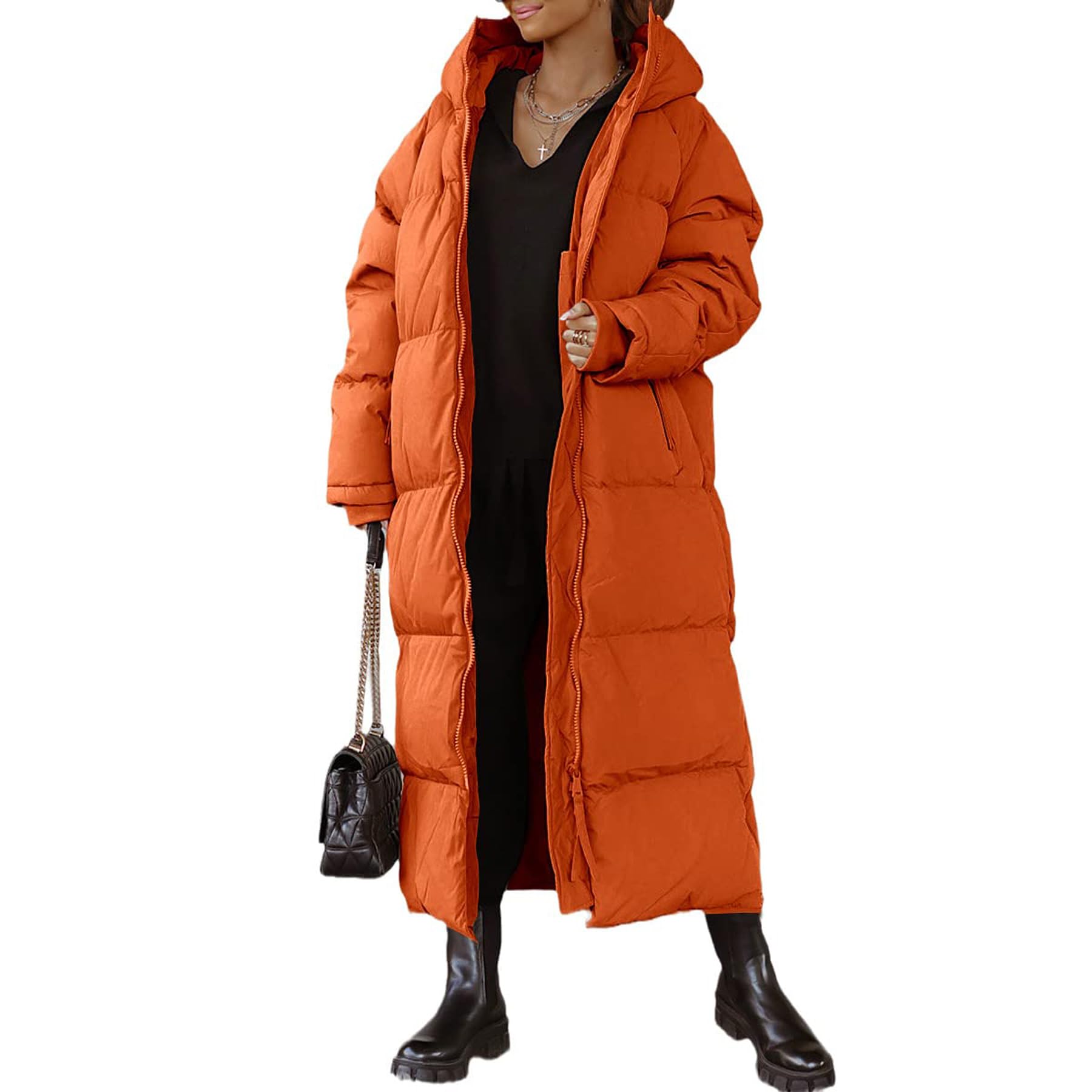EsukAr Women Long Quilted Coat Hooded Maxi Length Long Sleeve Puffer Jacket Padded Coat Winter Outerwear,orange,M