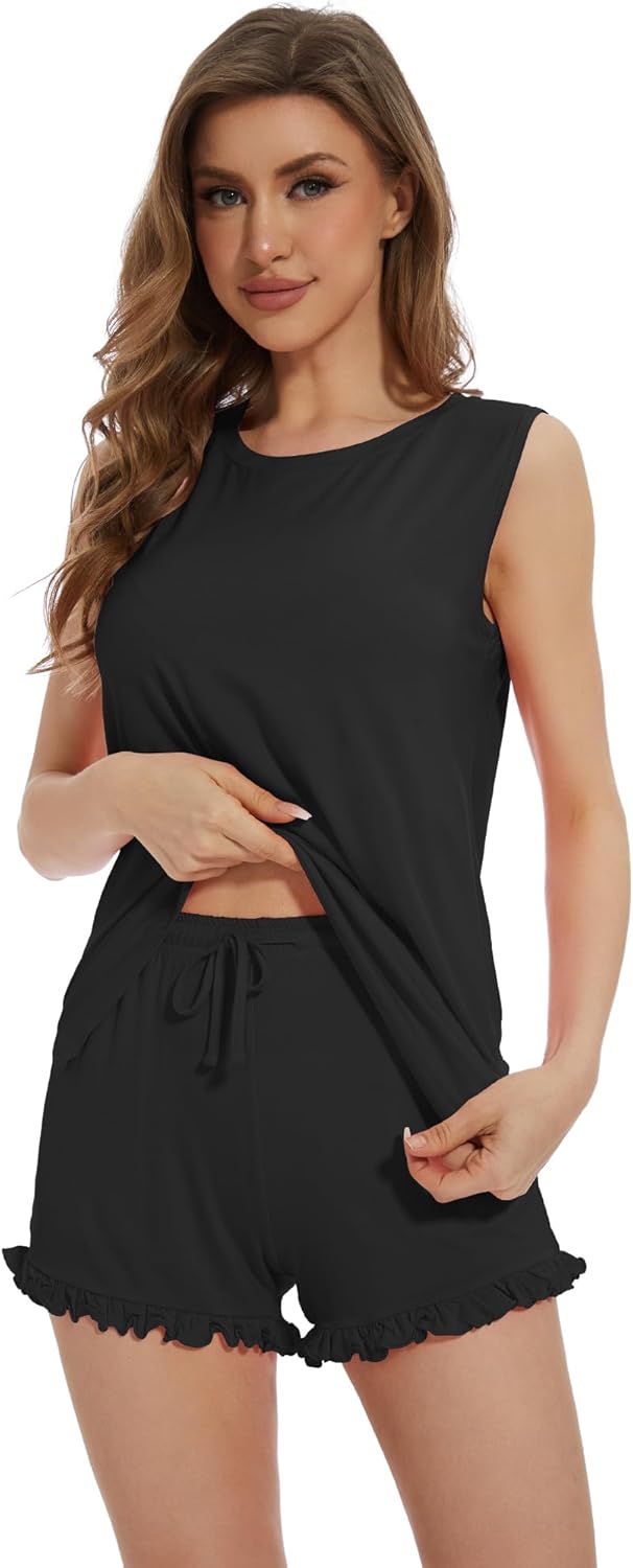 WiWi Pajama Set for Women Bamboo Viscose Sleeveless Tops with Shorts Pjs Sets Soft Summer Sleepwear Pj S-XXL - Image 3