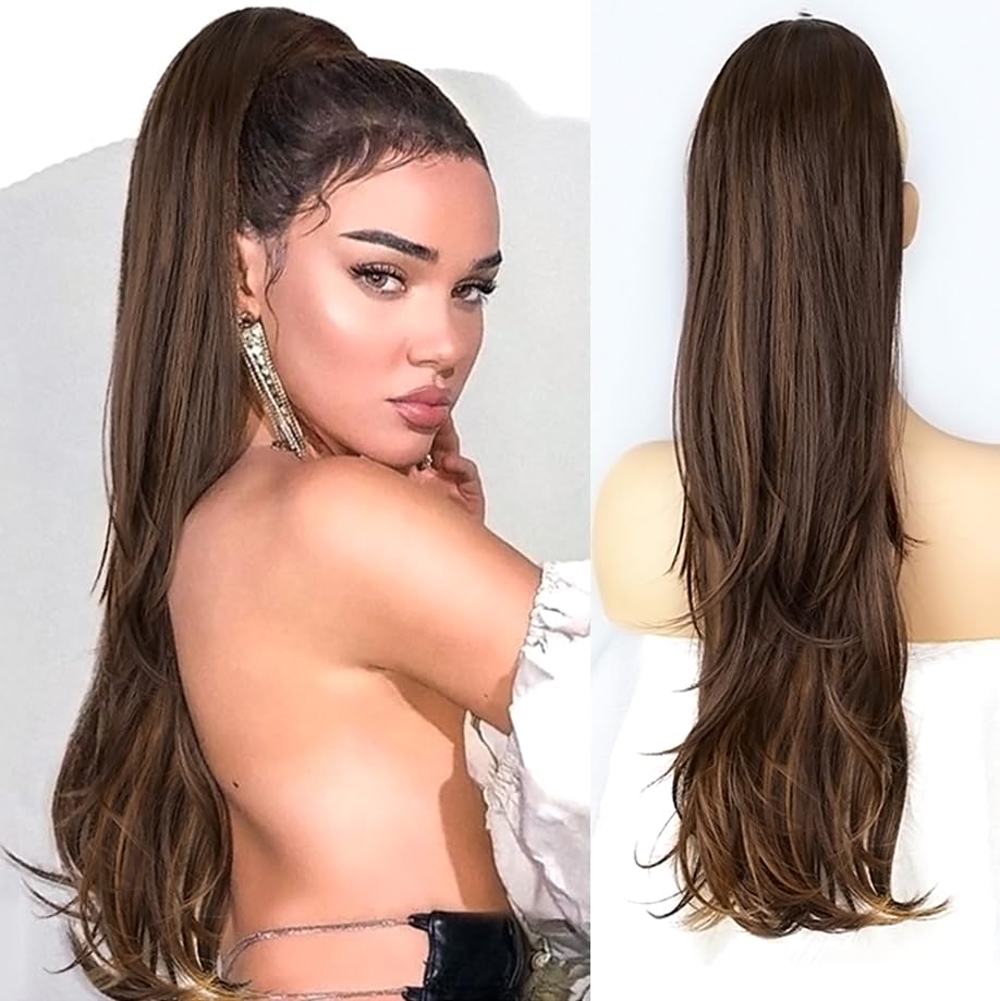 PORSMEER Ponytail Extension,Drawstring Ponytail Hair Extensions Black Mixed Brown 26 Inch Long Natural Straight Wavy End Synthetic Hairpiece for Women Girls Daily Use
