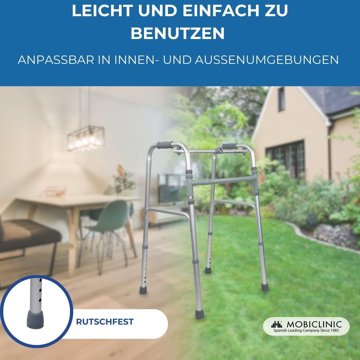 Mobiclinic®, Gehhilfe, Gehbock, Schmal, Stabil, Klappbar, 4 gummifüße, Aus aluminium, Leichtgewicht, Europäische marke, Höhenverstellbar, Ergonomische griffe, Nur 2, 5 kg, Silber, Modell columna
