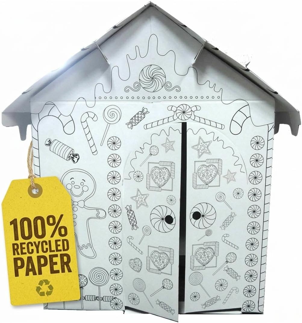 Gr8 Home Colour Your Own Gingerbread Playhouse | Cardboard Wendy House for Kids | Large Kids Playhouse for Creative Painting & Decorating | Indoor Outdoor Play House for Kids Age 3+