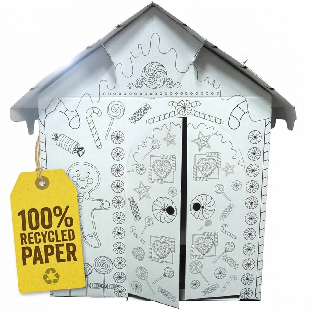 Gr8 Home Colour Your Own Gingerbread Playhouse | Cardboard Wendy House for Kids | Large Kids Playhouse for Creative Painting & Decorating | Indoor Outdoor Play House for Kids Age 3+