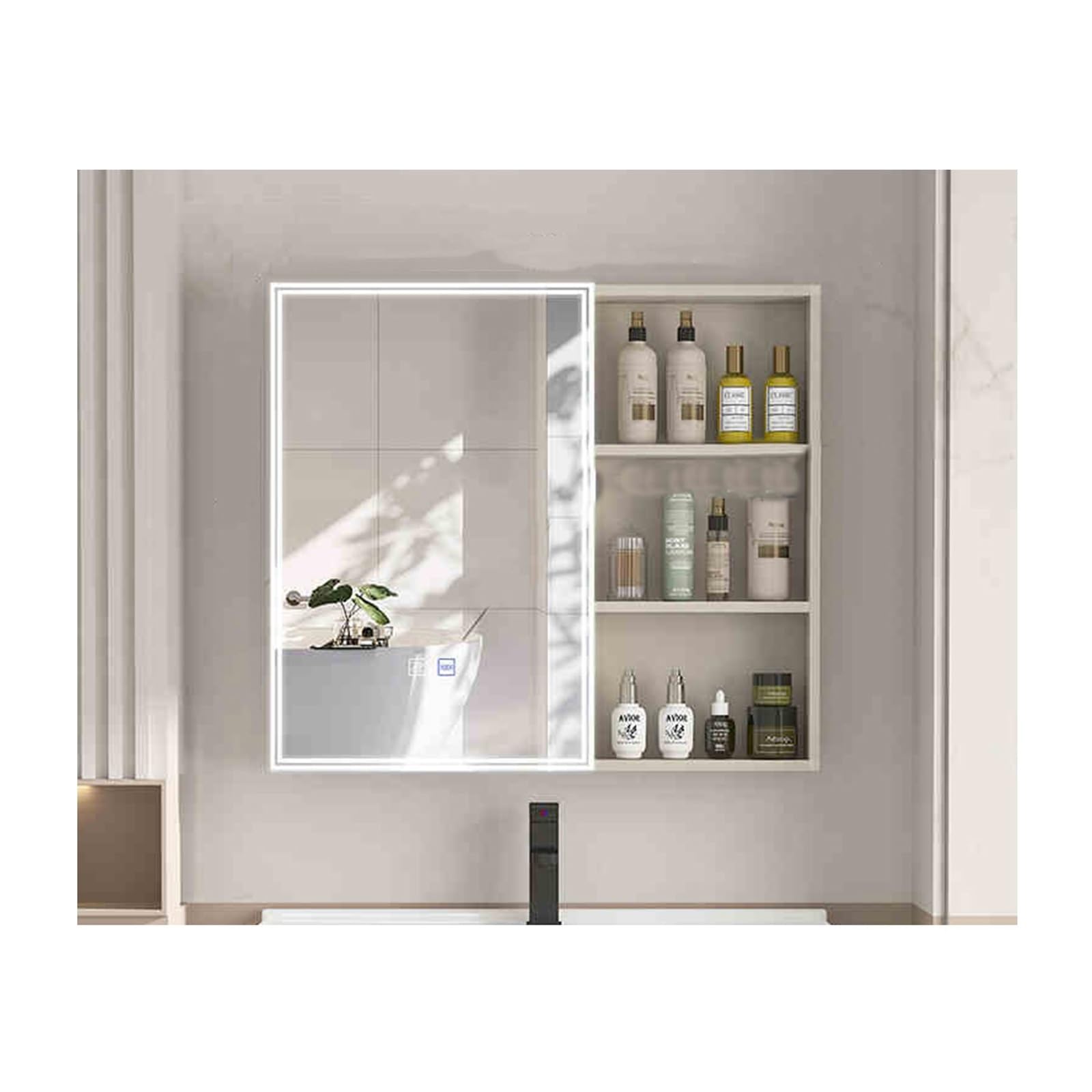 BKSXSOP Anti-Fog Bathroom Mirror Cabinet with Double Doors, Wall-Mounted LED Lights, 70cm/27.5in White Storage Solution for Modern Bathrooms