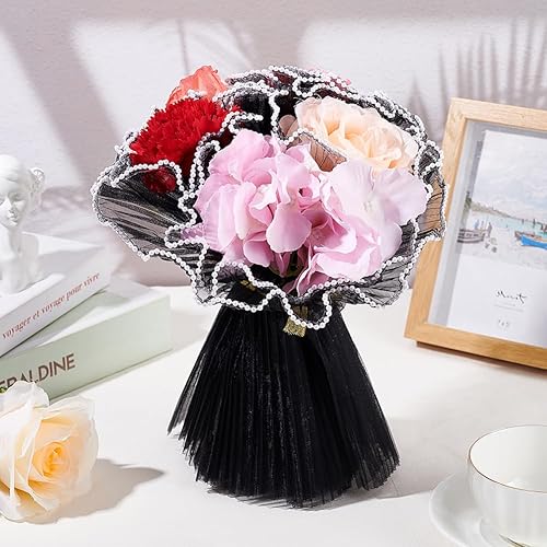 Miniatura 3 de BENECREAT Papel de malla de envoltura de flores negras, papel de embalaje de ramo de perlas, papel de embalaje arrugado translúcido para decoración