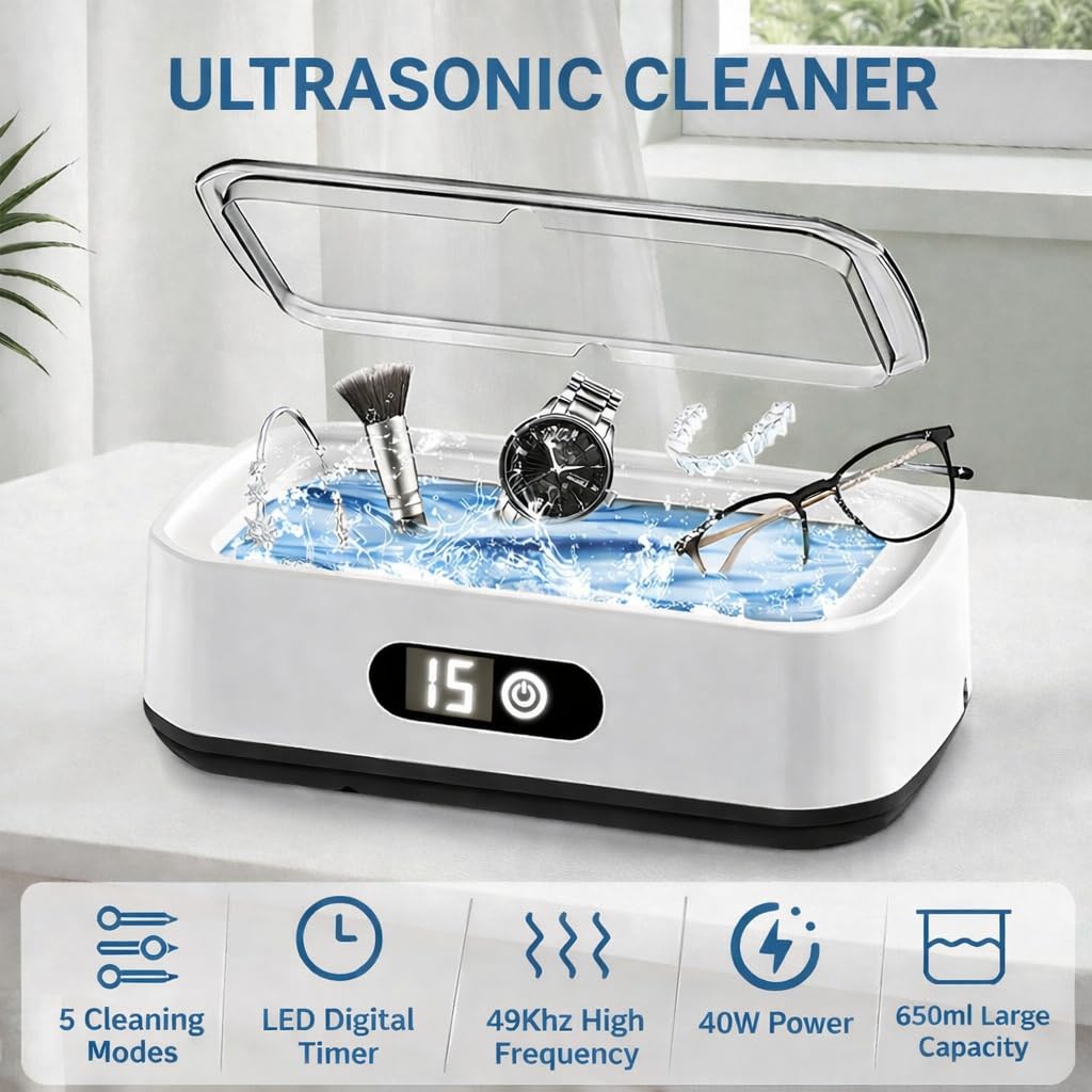 Ultrasonic Jewelry Cleaner 49kHz with 304 Stainless Steel Tank, Professional Ultrasonic Jewelry Cleaner Machine for Rings, Glasses, Watches, Gold Silver Diamond