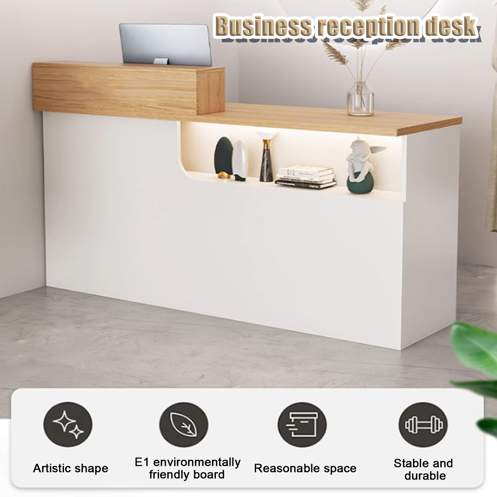 Tavolo da ufficio moderno in legno da 140 cm, per ingresso, salone di bellezza, negozio di abbigliamento, bancone di benvenuto Ele e soluzione di vendita per aziende