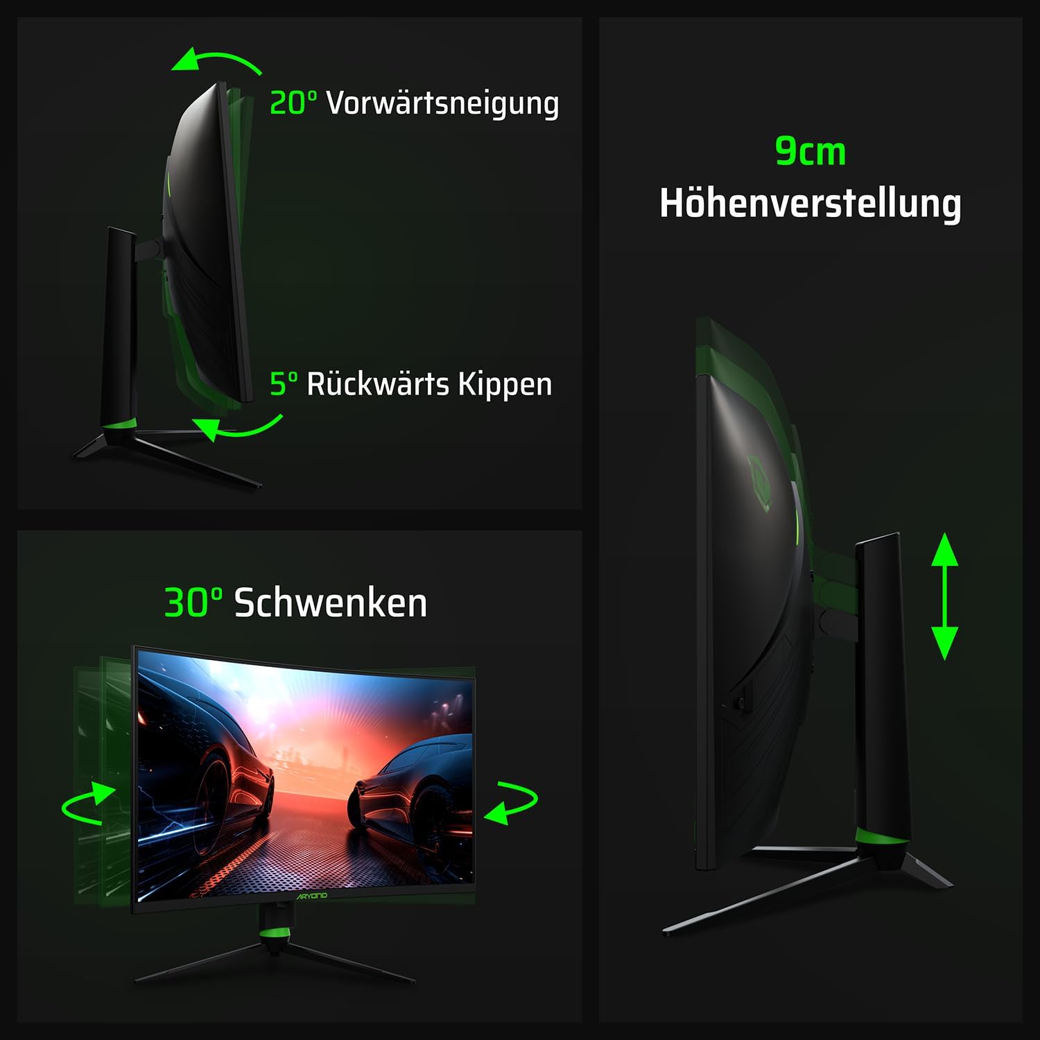 Aryond A32 V2 Curved Gaming Monitor, 32 Zoll(80cm), 180Hz, 1500R, QHD (2560x1440), 1ms, HDR, FreeSync&G-Sync, 122% SRGB, Eye Care, Eingebauter Lautsprecher, HDMI, Display Port, Höhenverstellbar
