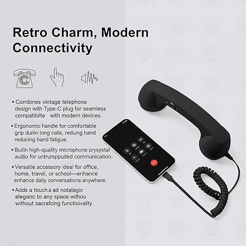 Miniatura 4 de Nuevo teléfono retro 2026, para teléfono retro tipo C, con cable, receptor de mango fijo para celulares, videoconferencias móviles, llamadas