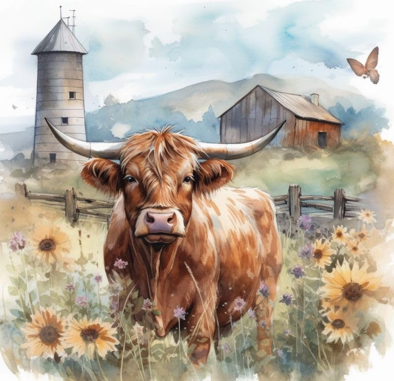 Farm Highland Cow 11ct Counted Cross Stitch Stamped Pre Printed Cross Stitch Embroidery Kits for Adults Starter DIY Embroidery Needlework Kit with Patterns 50×50cm(s-q28)