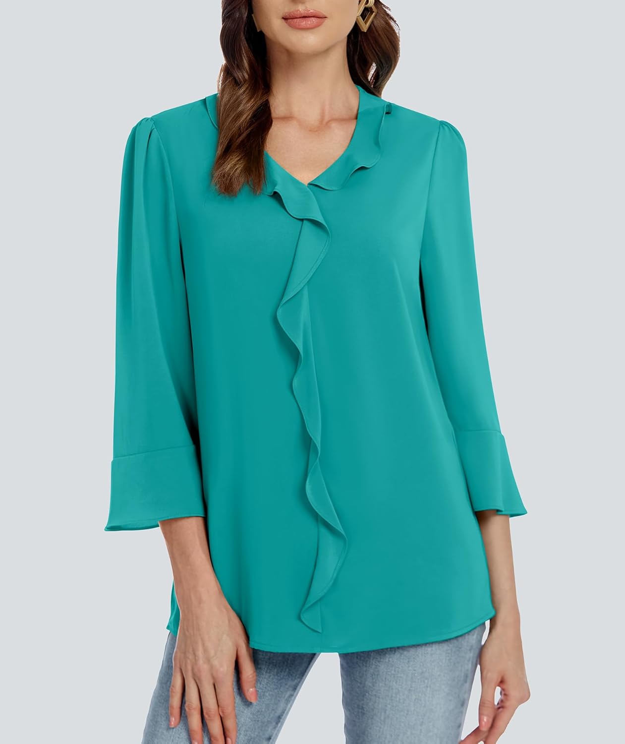 Funlingo Womens 3/4 Length Sleeve Tops V Neck Dressy Casual Blouses Tunic Trendy Business Office Ruffle Work Shirts - Image 3