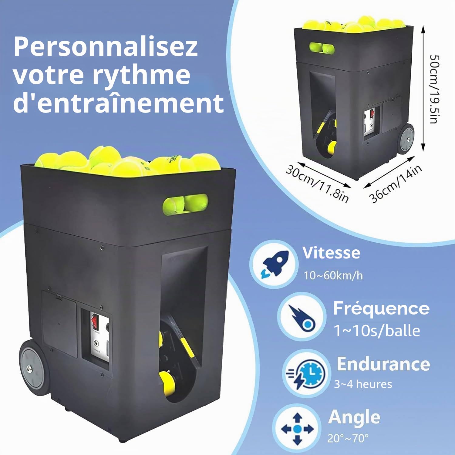 Lanceur de balles de Tennis Portable, Automatique et Intelligent, avec télécommande et Application, Angle réglable, capacité de 50 balles, pour débutants