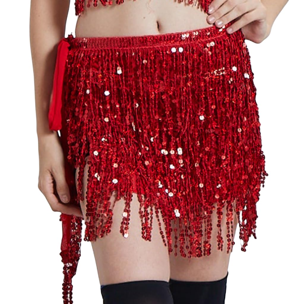 Qg Ltd Red Dance Belly Dance Dancer Costume Sequin Tassel Fringe Hip Scarf Belt Waist Wrap Skirt (Red)