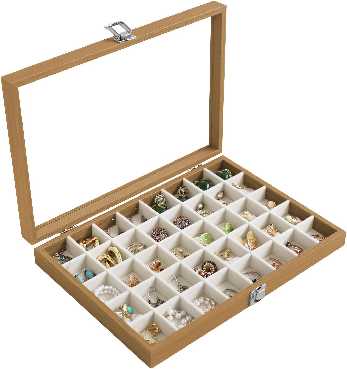 stratalife jewelry organizer 40 grid jewelry trays with clear lid wood earring organizer ring holder accessories box necklaces earrings storage for women drawers vintage style beige 40 grid box beige