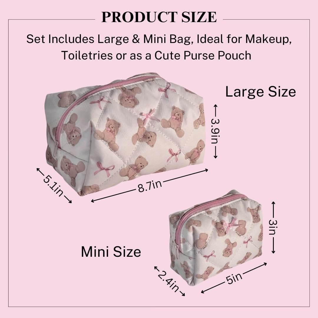 Teddy Bow Makeup Bag Set of 2, Cotton Quilted Bear Makeup Bags with Satin Pink Bows, Cute Girly Toiletry Pouch Set, Small Bag for Purse, Coquette Accessories, Aesthetic Gift Set for Women Teen Girls