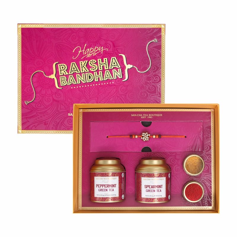 Image of Sancha Tea Boutique, Rakhi Gift Hamper, Premium Rakhi Gift Box, Peppermint Tea, Spearmint Tea & Handmade Kundan Rakhi, Rakhi Gift or Brother & Rakhi Gift for Sister