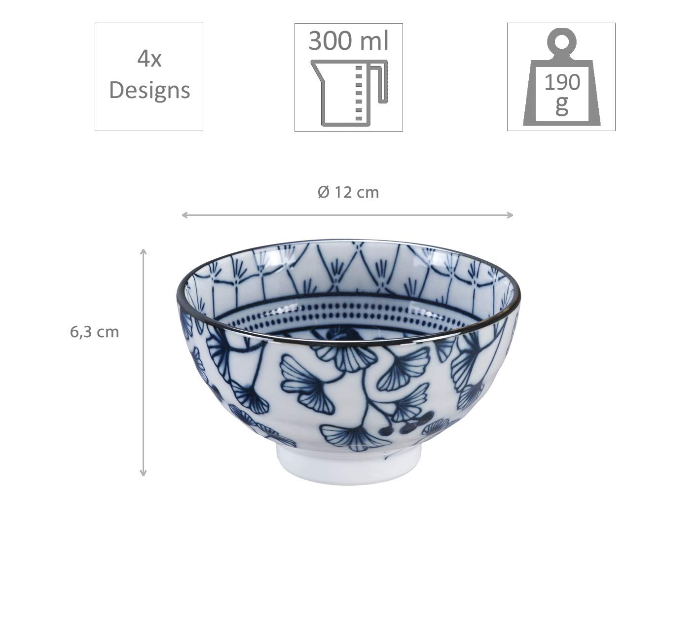 TOKYO design studio Flora Japonica Set de 4 Bols Bleu-Blanc, Ø 12 cm, Hauteur 6,3 cm, env. 300 ML, Porcelaine Japonaise, décor Floral Japonais, boîte Cadeau Incluse
