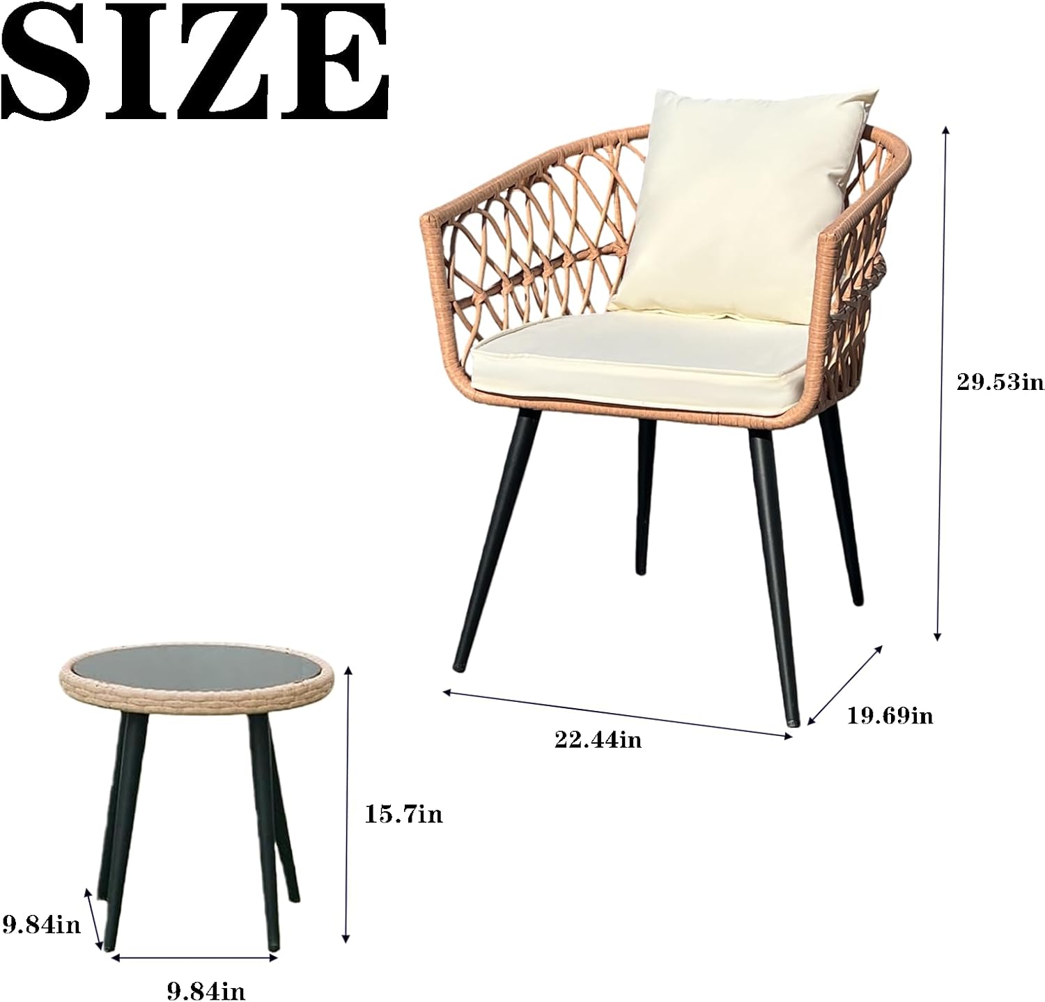3 Piece Patio Furniture Set, Outdoor Wicker Balcony Furniture Sets, All-Weather Rattan Outdoor Bistro Set for Backyard, Balcony and Deck with Soft Cushions, Glass Side Table(Beige)