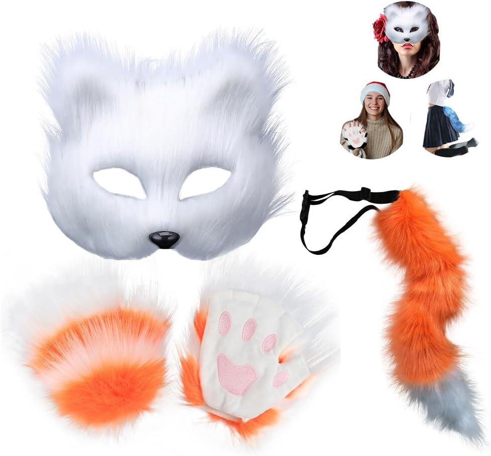 Surakey Furry Cat Fox Mask Wolf Tail and Paw Gloves Set Faux Fur