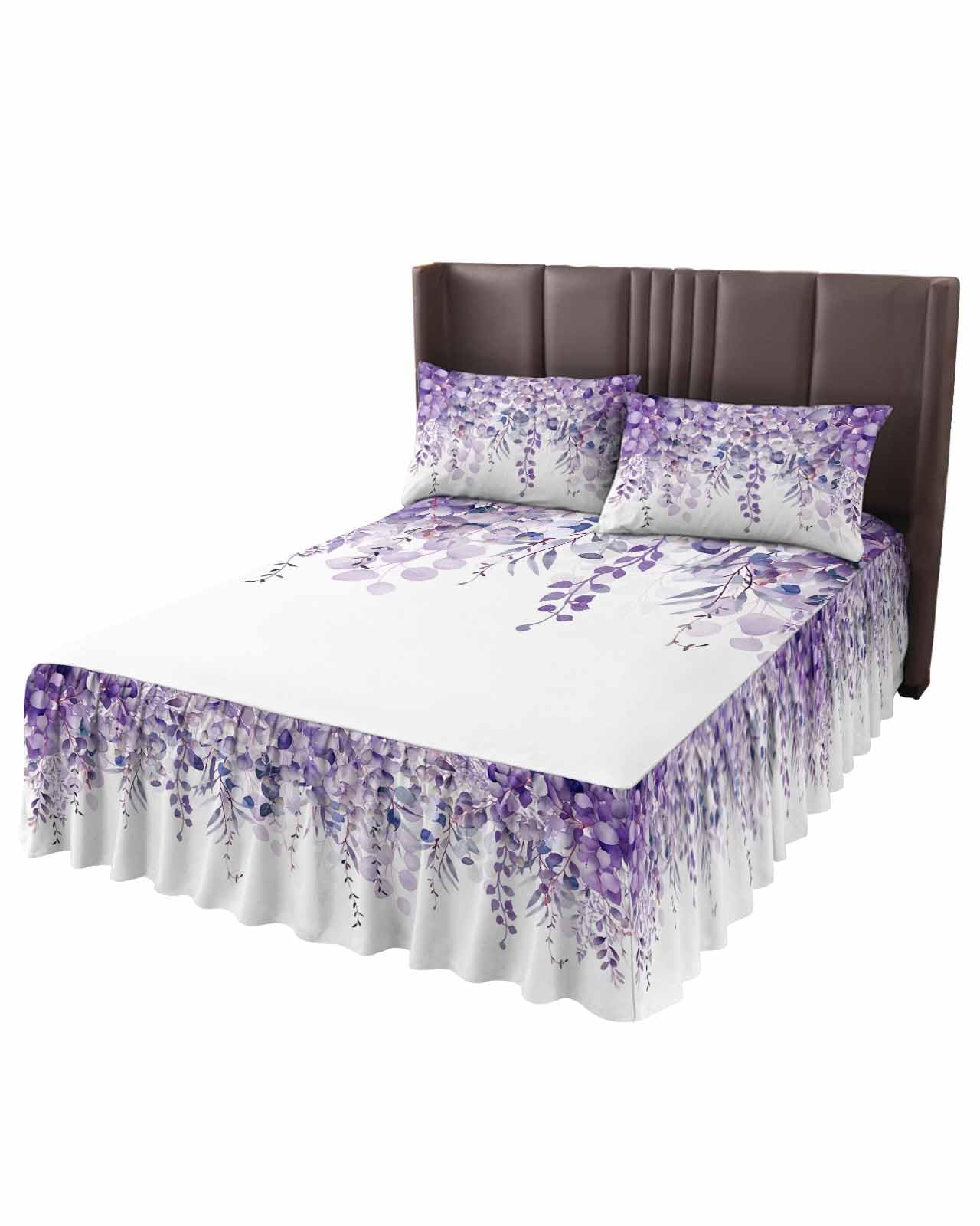 Purple Eucalyptus,Romantic Elegant Flower Leaves Herbs Bed Skirt for Queen Size Bed,Wrap Around Bedding Skirt Gathered Dust Ruffle Bedskirt Sets With 2 Packs Matching Pillow Covers 30