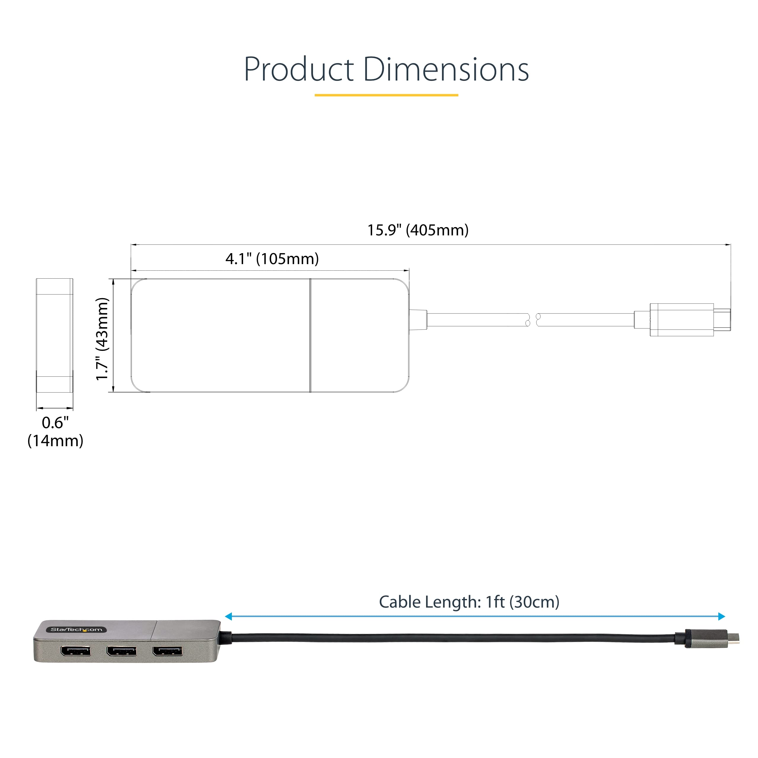 StarTech.com Koncentrator USB-C na Triple DisplayPort 1,4 MST, 4K 60Hz, kabel 1ft (30 cm), USB typu C do DisplayPort 1.4, rozdzielacz DisplayPort, potrójny adapter monitora (MST14CD123DP)