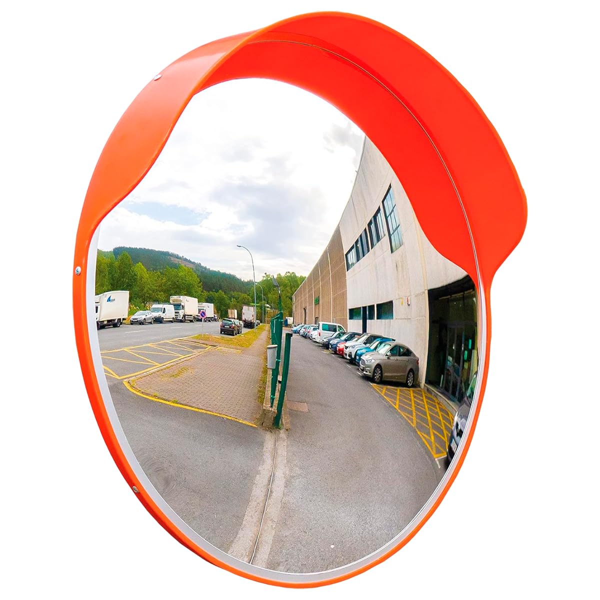 Amig - Specchio convesso di sicurezza e sorveglianza con visiera Ø60 cm diametro | Specchio stradale | Visione negli angoli ciechi, nelle colonne e negli angoli di negozi e garage | Arancia