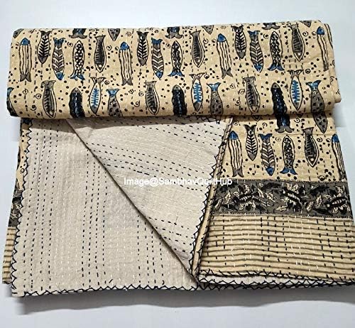 Handblock Handmade Quilted Blanket Indian Cotton Block Print Bedspread Kantha Work Bohemian Bed Decor Throw Blanket King Size 90X108 inch