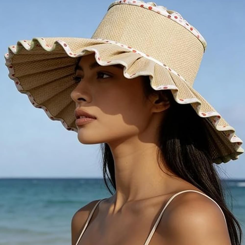 Women's Lorna Murray Hat, Reversible Pleated Straw Sun Hat, Wide Brim Foldable Breathable Beach Cap for Summer Travel