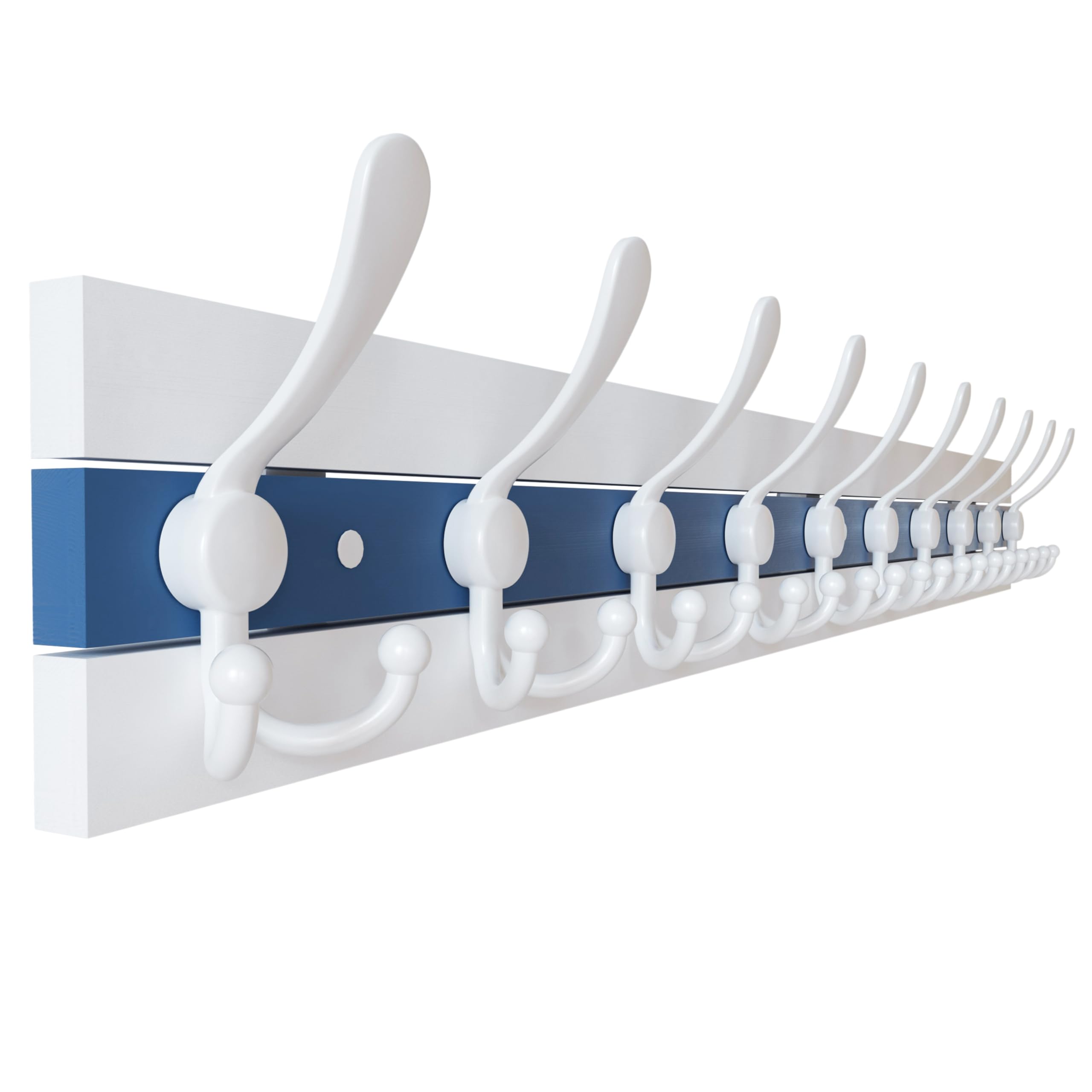 SKOLOO Coastal Wall Mounted Coat Rack - 97cm Beach House Entryway Wooden Coat Hook with 10 Hooks for Hanging Coats, Hats or Towels, Oceanfront Cottage Core Collection, White & Blue
