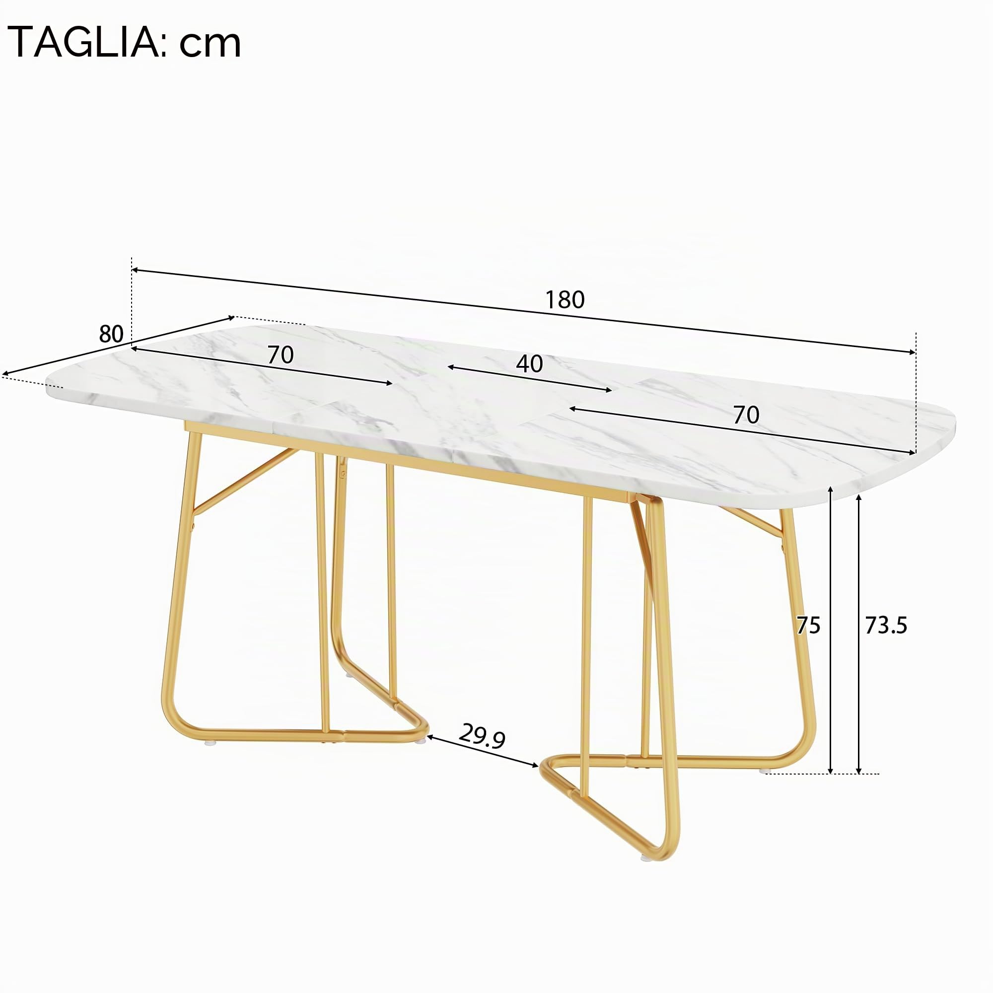 Bladez Tavolo da pranzo ovale allungabile per 6-8 persone 140-180 cm, lusso effetto marmo e gambe dorate, tavolo da cucina moderno bianco, piano in MDF (Bianco)