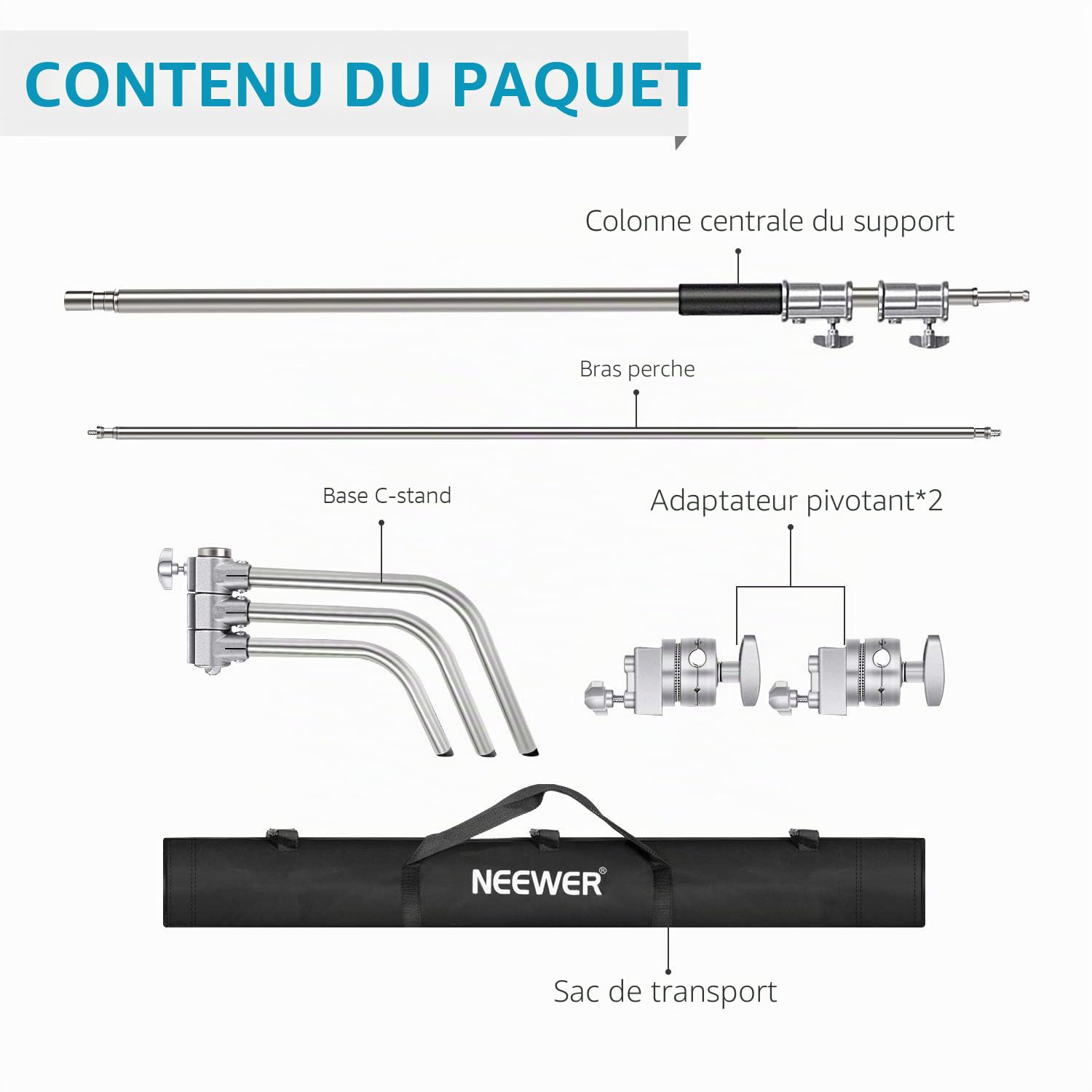 Neewer Support d'éclairage en C de 3 m avec Bras d'extension de 1,2 m, 2 têtes de préhension et Sac de Transport pour réflecteur vidéo, Parapluie, monolight, etc. (Version Basique)