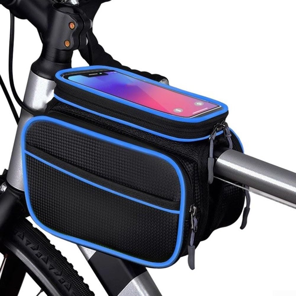 Dolvitrny Bicycle Front Frame Bag Waterproof Phone Holder Cycling Touchscreen Bike Pouch MTB Large Capacity Storage for-Universal Case(black and blue 2)