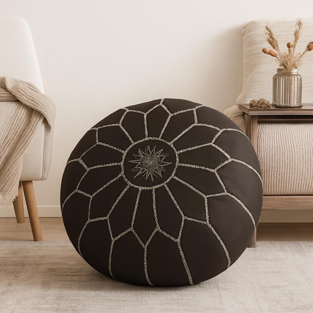 Marocain Moroccan Ottoman Pouf - Faux Leather with Embroidered Panels, Standard Size 56x56x38 cm