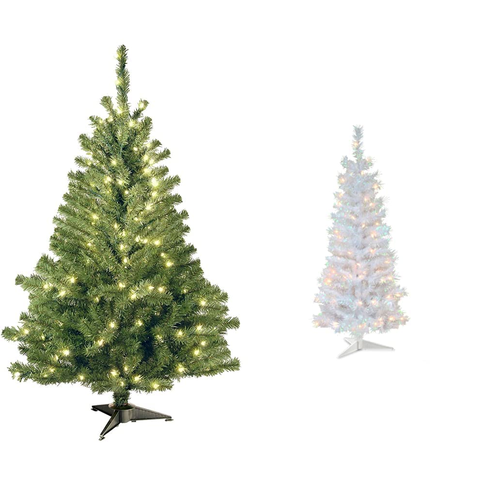 National Tree Company Pre-Lit Artificial Mini Christmas Tree, Green, 4 Feet & Pre-Lit Artificial Christmas Tree, White Tinsel, White Lights, Includes Stand, 4 feet