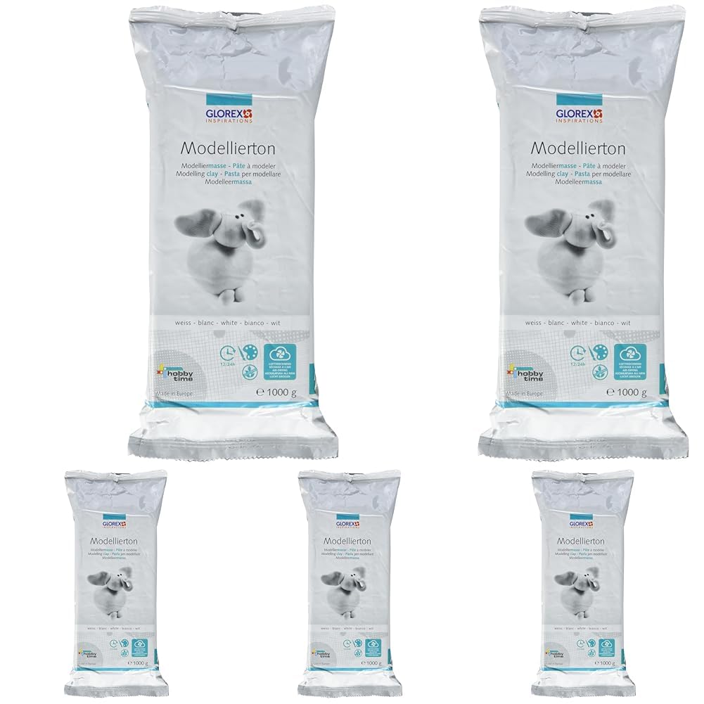 Glorex 6 1780 712 - Modellierton, 1 kg in weiß, gebrauchsfertige lufthärtende Modelliermasse, natürlich, weich und geschmeidig, nach der Trocknung bemalbar (Packung mit 5)