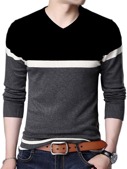 Amazon Jinsxメンズ ニット セーター Vネック コットン100 3色 カラー ライン デザイン プルオーバー 長袖 トップス メンズ 防寒 秋冬 セーター 通販