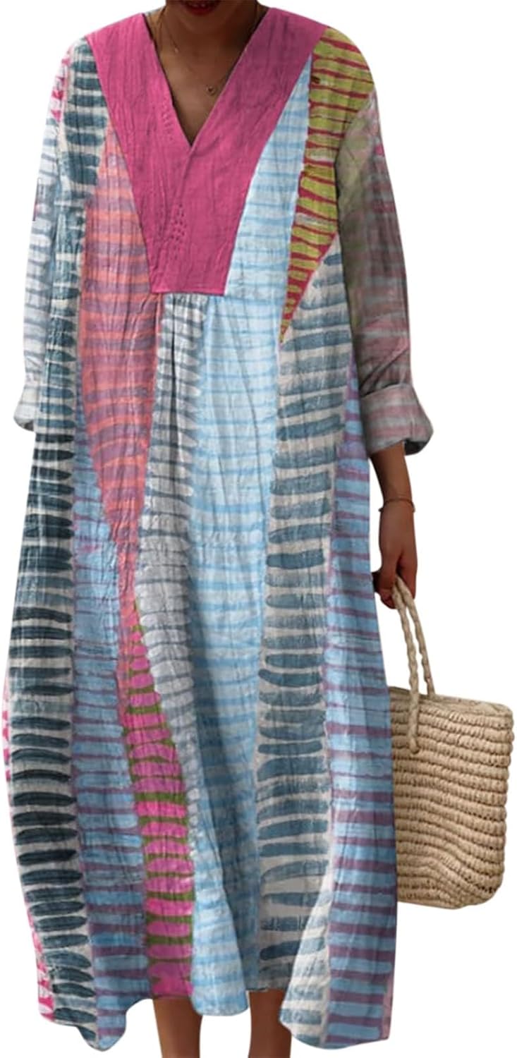 Women's Vintage Long Sleeve V Neck Dress Floral Print Maxi Dresses with Pockets Spring Summer Vacation Outifits