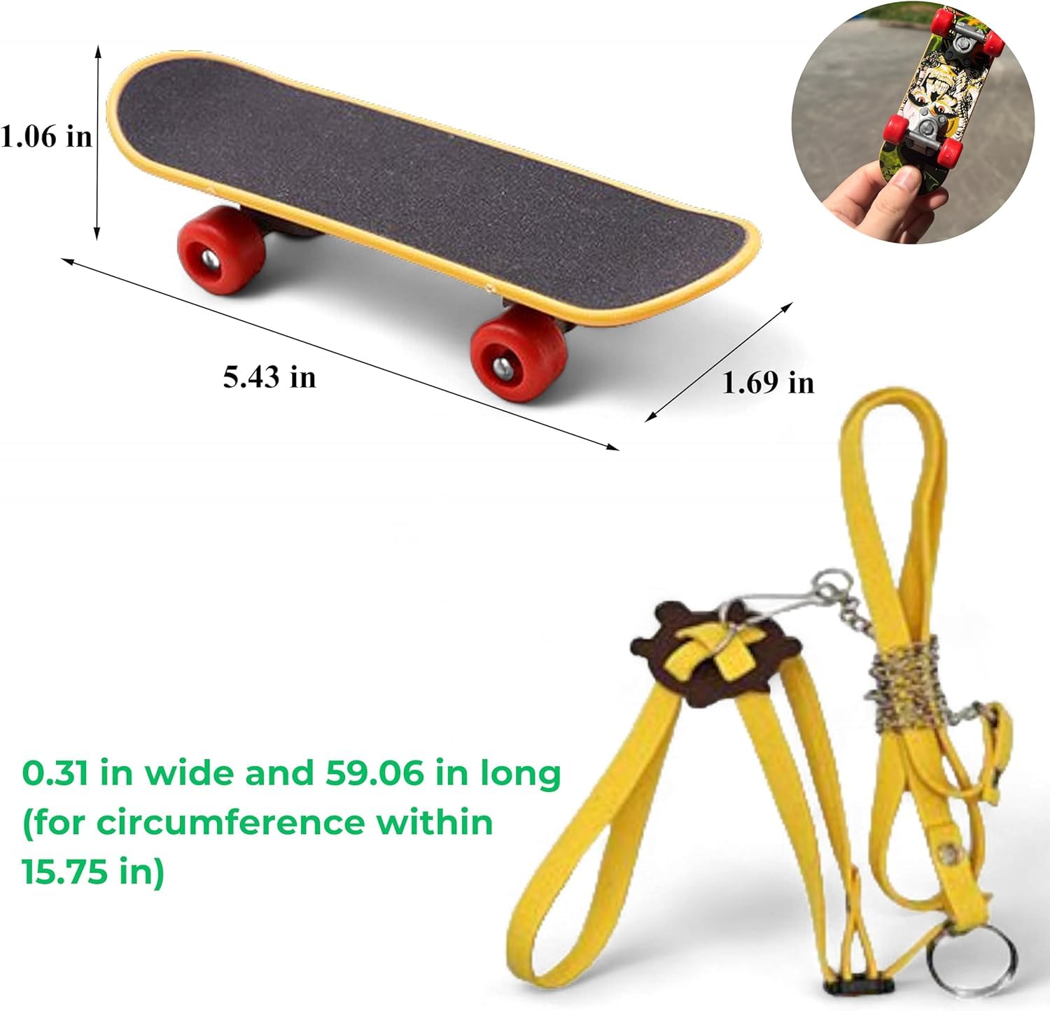 Turtle Toys 2 Funny Fast Skateboard & 1 Adjustable Leash Set Outdoor Walking Control Rope Finger Skateboard for Small Pets Turtle Dragon Bearded Lizard (Small,Yellow)