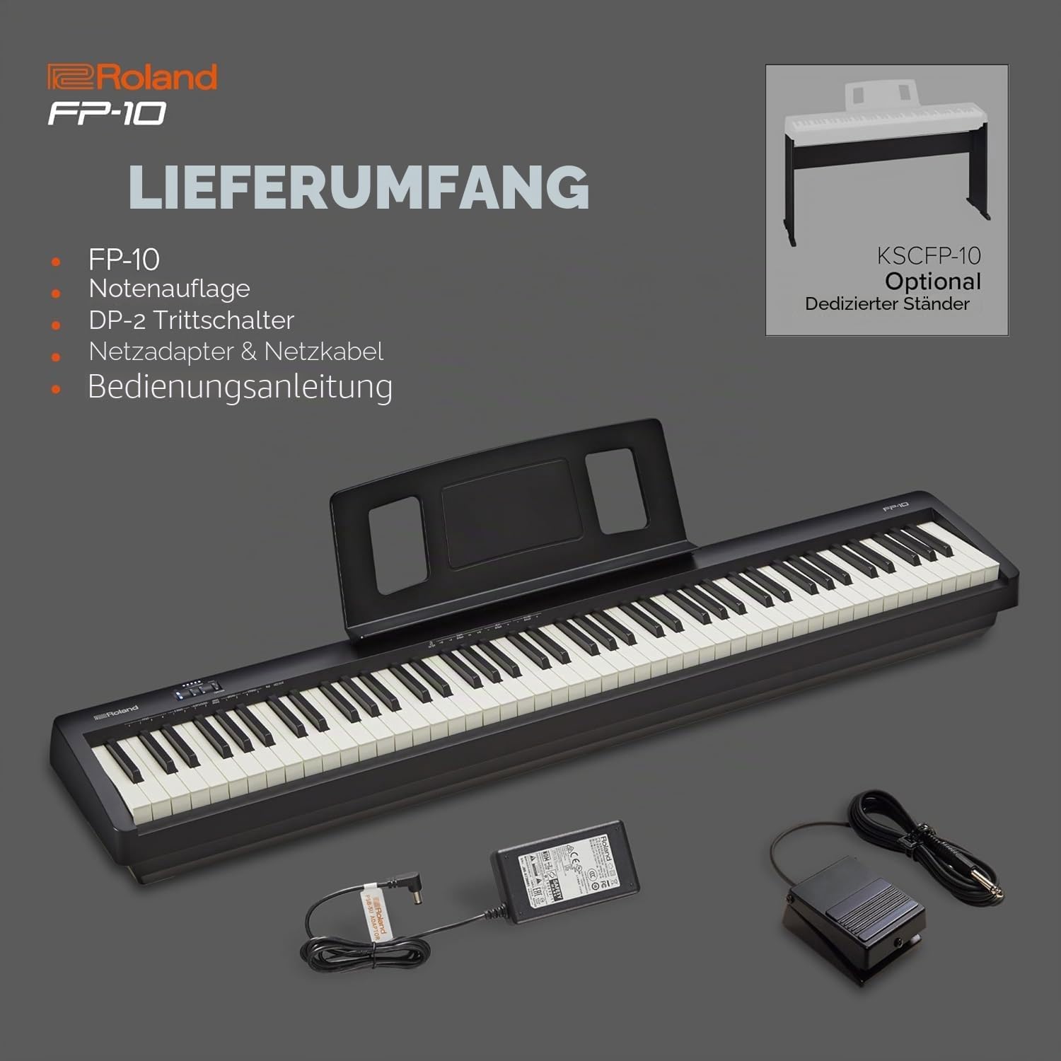 Roland FP-10 Tragbares Digital Piano Keyboard Schwarz mit keepdrum Keyboardständer
