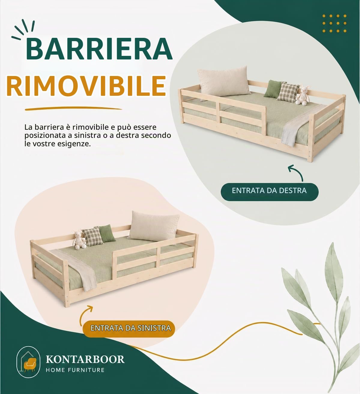 KONTARBOOR Letto per bambini 90 x 190 cm con barriere di sicurezza - Montessori - Letto a pavimento in legno massello naturale - Stile scandinavo unisex ragazza e ragazzo - Rete inclusa.