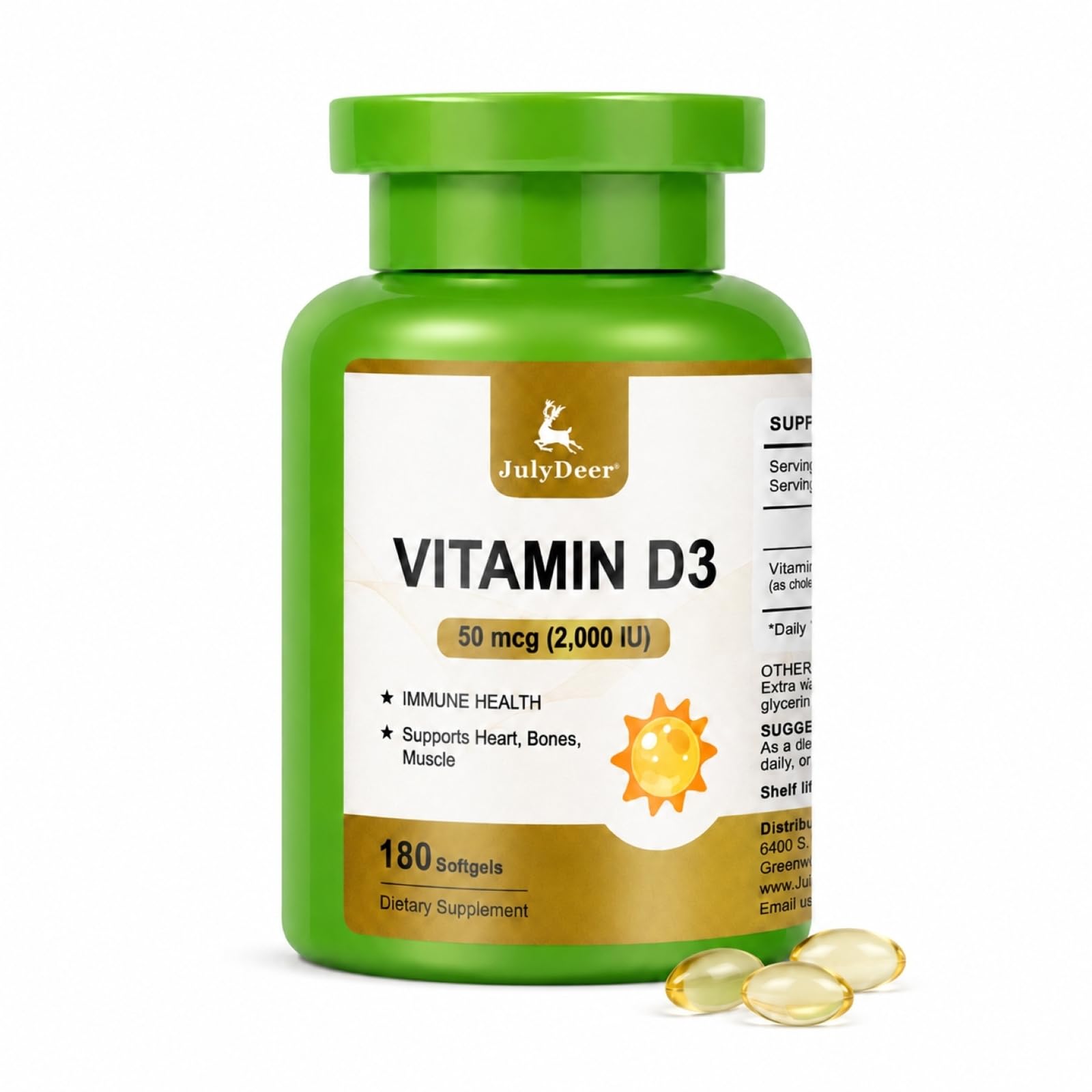 Vitamin D3 2000 IU (50 mcg) Supplement With Olive Oil, 180 Softgels 180 Count (Pack of 1)