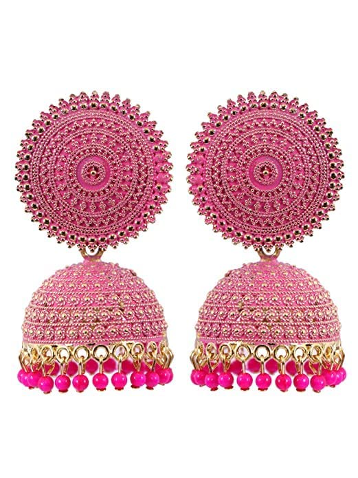 LIGAMENT Traditional Jhumki Earring Indian Pearl Hangings Meena Kari Jhumka For Women girls (Pink) (B0BC4259Y7) Amazon Price History, Amazon Price Tracker