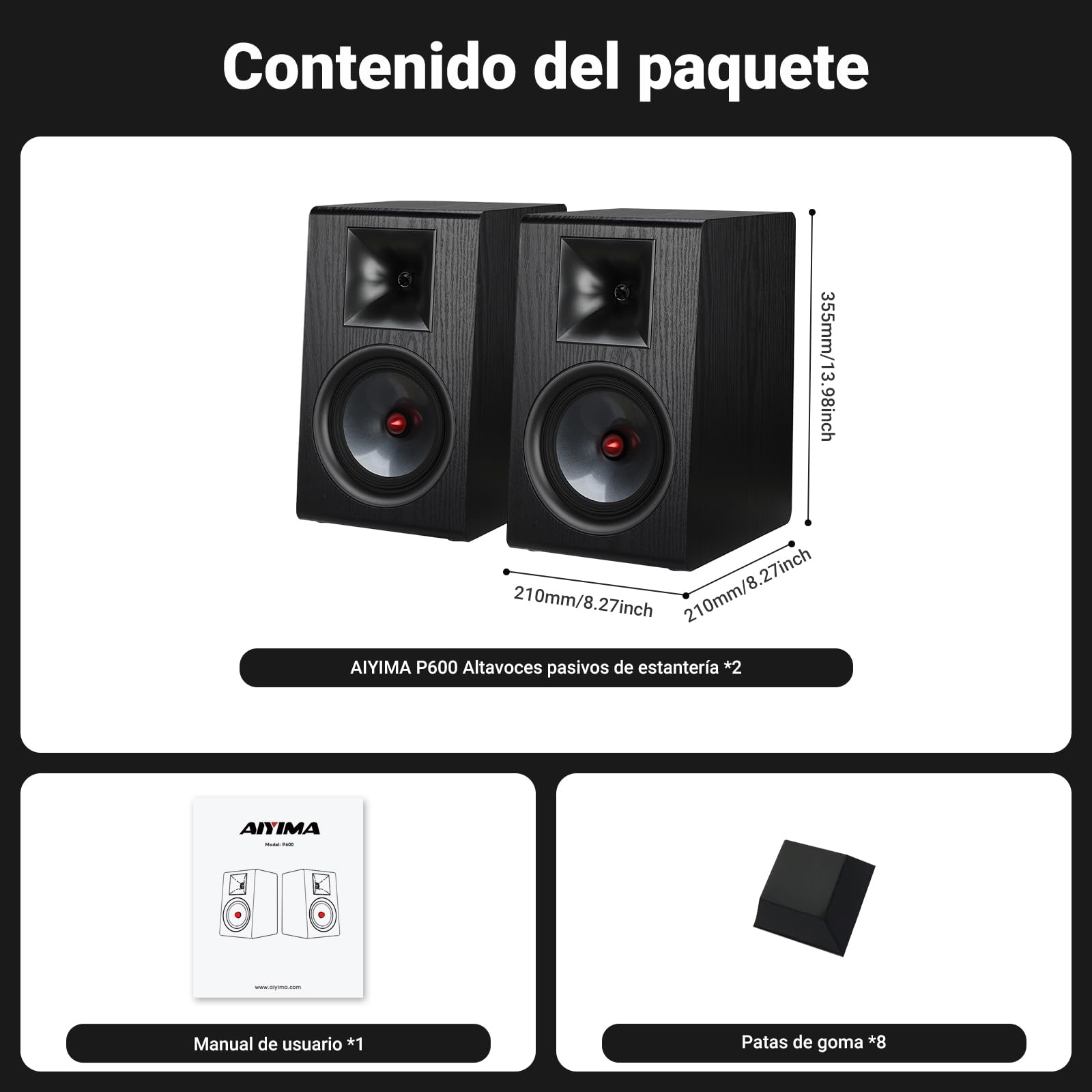 AIYIMA P600 Altavoces de Estantería Pasivos 6,5" 2 Vías, 30Hz-20kHz, 2x50W RMS,Woofer de Fibra de Carbono y Tweeter de Seda con Bocina, Diseño Inclinado 6°, HiFi para Amplificador Audio Hogar