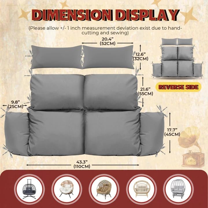 double egg chair cushion replacement outdoor hanging egg chair cushions for 2 person machine washable weather-resistant (gray)