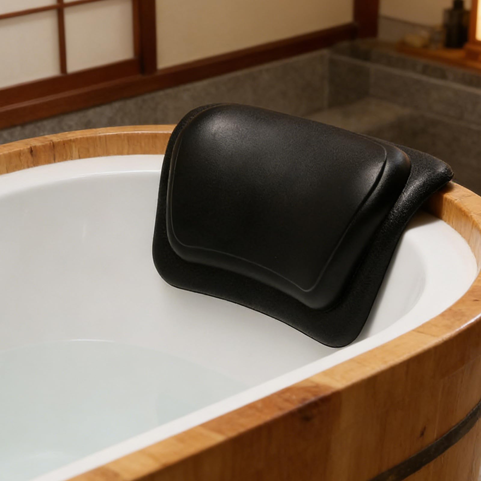 Ciieeo Cuscino per Vasca da Bagno Cuscino da Bagno in Pu Nero con Ventose e Portatile Poggiatesta Cervicale per Vasca